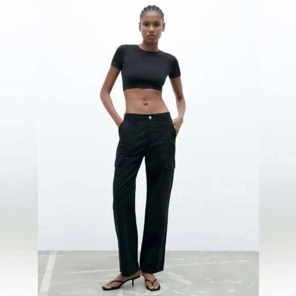 ZARA Women Black Cargo Pants Size 6 Wide Leg High Waist Casual Cargo Trousers